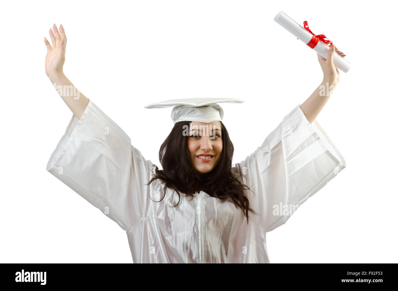 Happy student celebrating graduation on white Stock Photo - Alamy