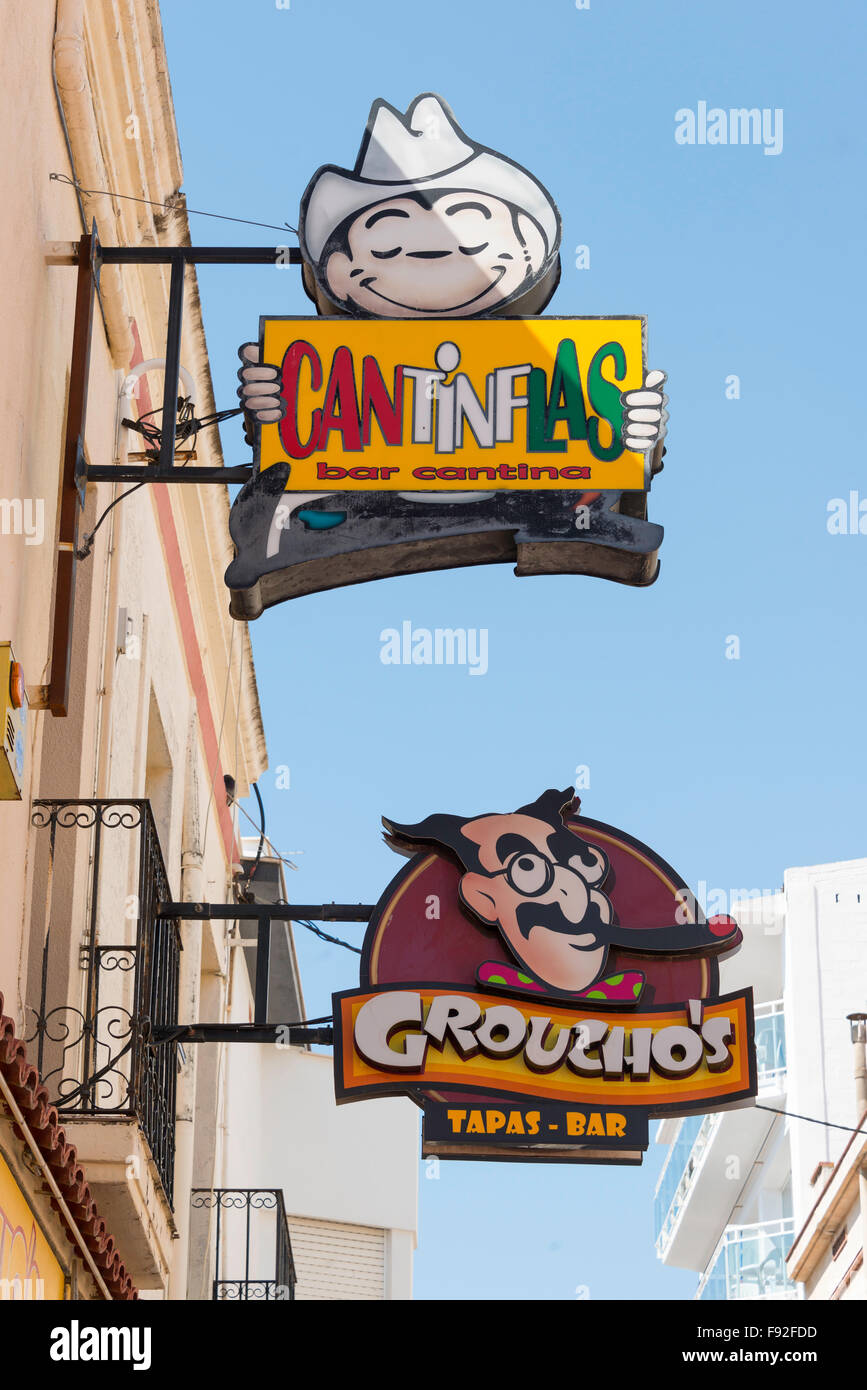 Groucho's & Cantinflas bar signs, Carrer de la Riera, Calella, Costa del Maresme, Province of Barcelona, Catalonia, Spain Stock Photo