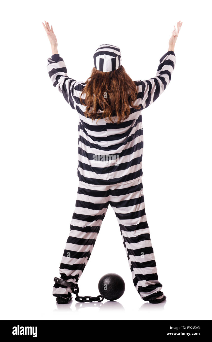 Prisoner in striped uniform on white Stock Photo