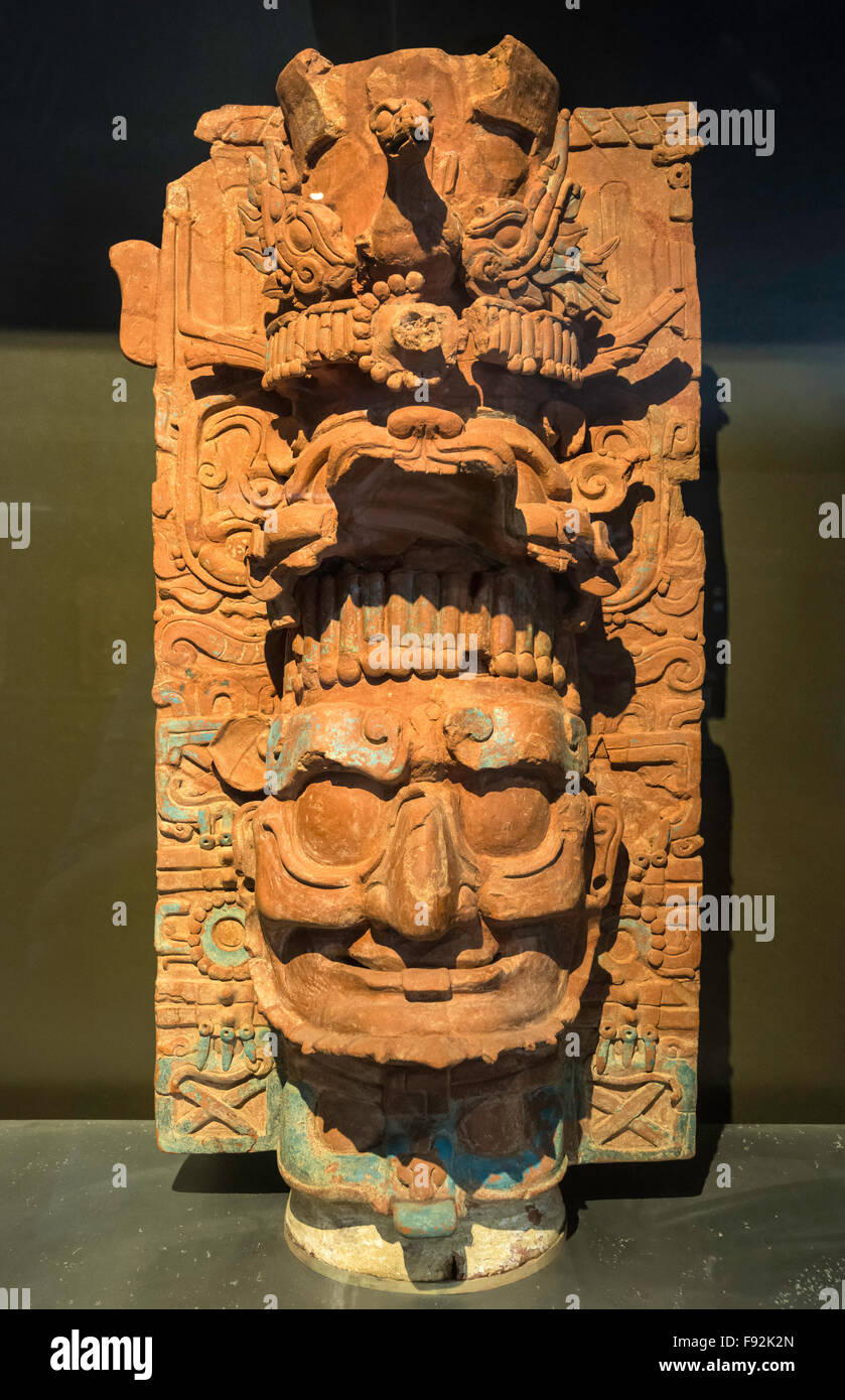 Censer stand, 7th-8th cent, from Templo de la Cruz Foliada, exhibition at Palenque archaeological site, Chiapas, Mexico Stock Photo