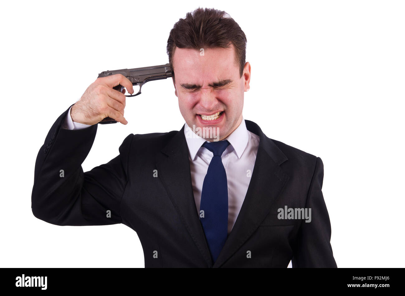 Businessman committing suicide isolated on white Stock Photo - Alamy