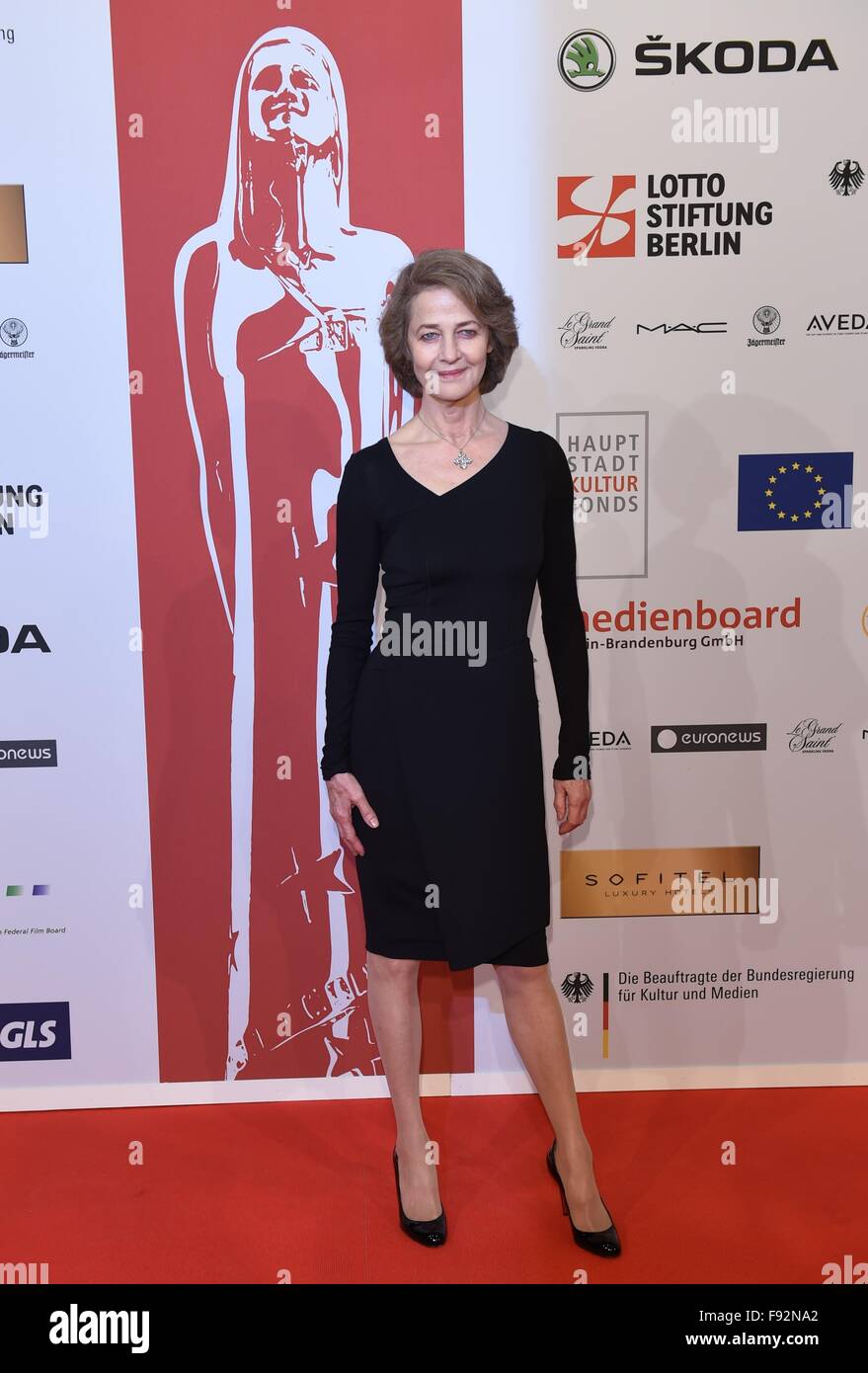 British actress Charlotte Rampling arriving on the red carpet for the 28th European Film Award ceremony in Berlin, Germany, late 12 December 2015. Photo: Jens Kalaene/dpa Stock Photo