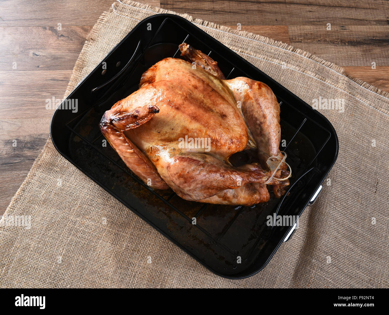 https://c8.alamy.com/comp/F92NT4/high-angle-view-of-a-cooked-turkey-in-a-roasting-pan-the-golden-brown-F92NT4.jpg