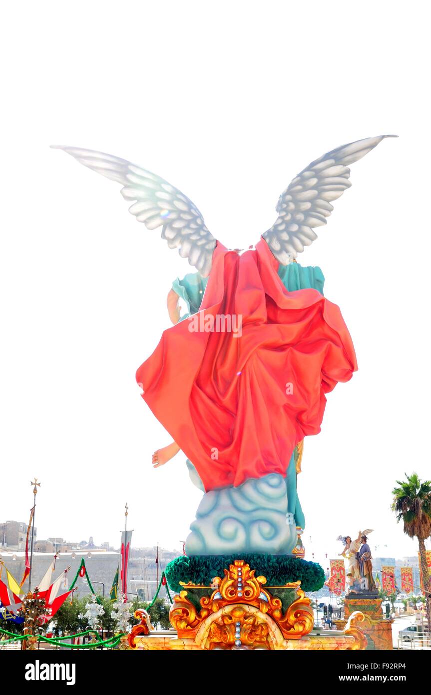 rear view of a winged statue erected for an annual religious festival in Malta, the feast of saint Joseph Stock Photo