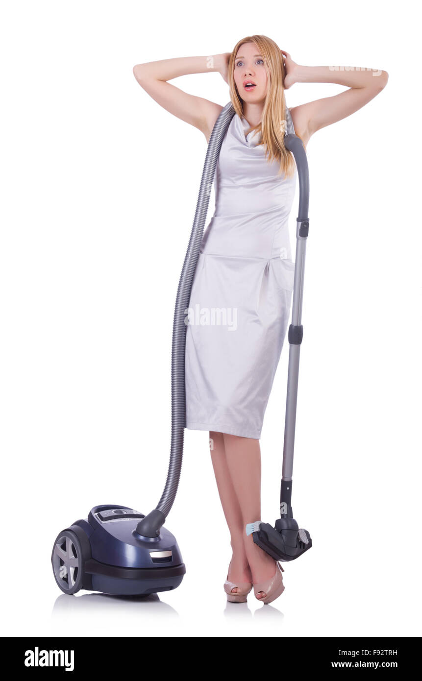 Young woman with vacuum cleaner on white Stock Photo - Alamy