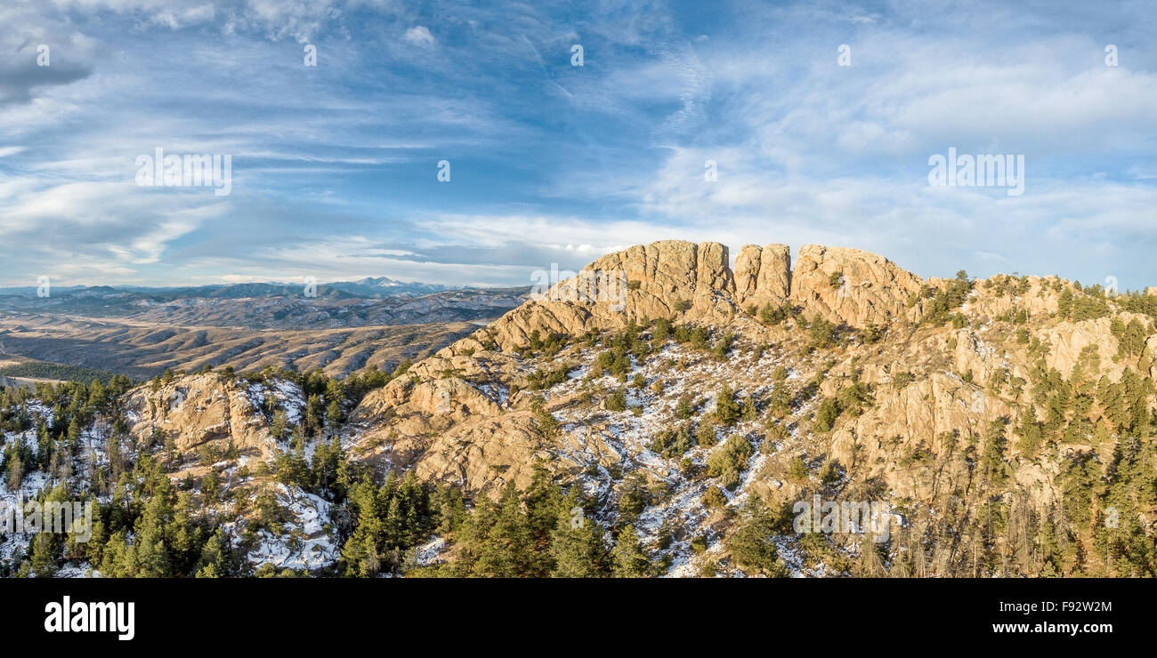 panoramic landscape of Horsetooth Rock, a landmark of Fort Collins, Colorado, winter scenery with some snow Stock Photo