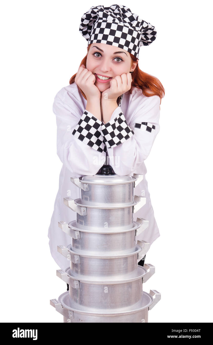 Cook with stack of pots on white Stock Photo - Alamy