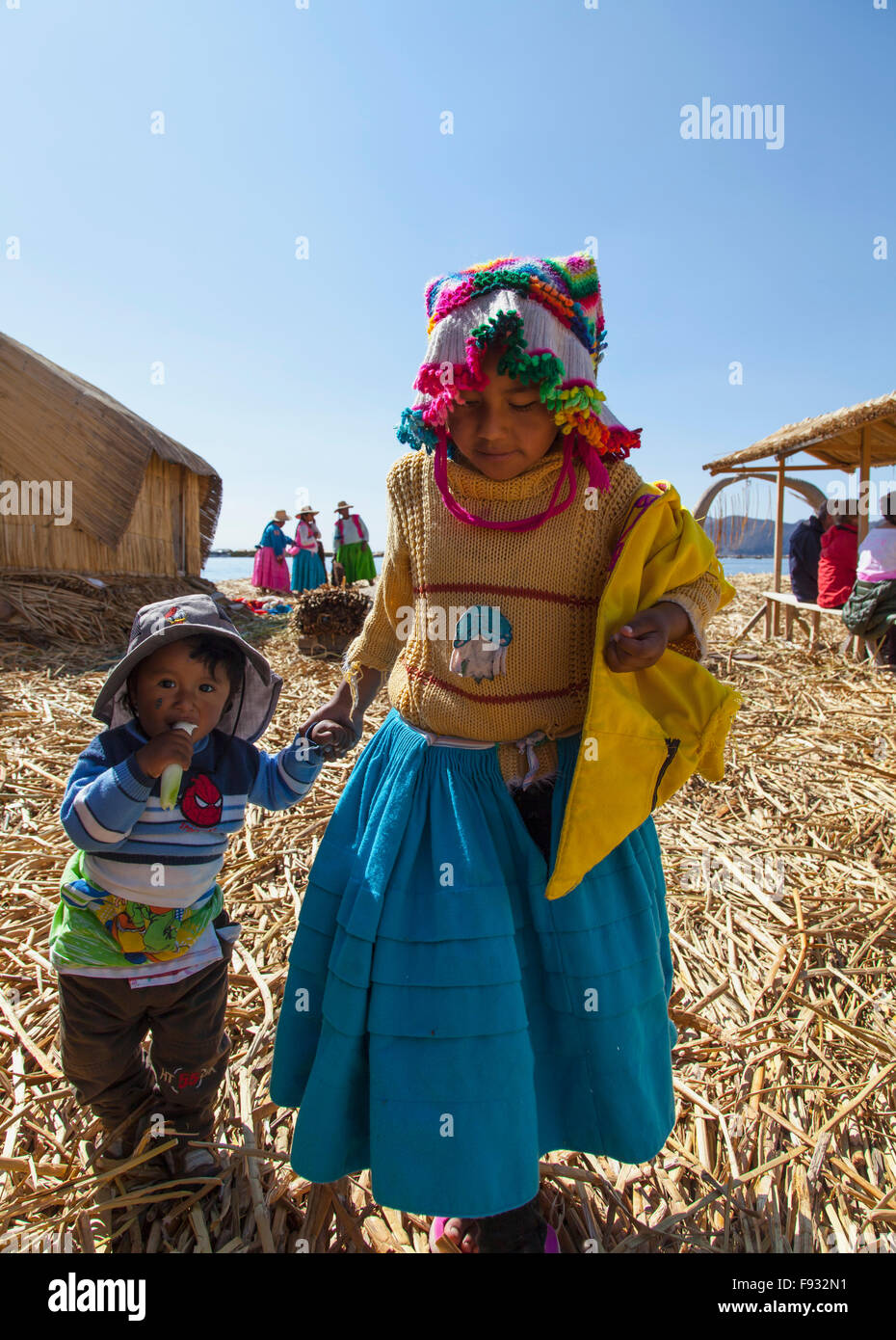 Children on Uros Islands, Lake Titicaca Stock Photo
