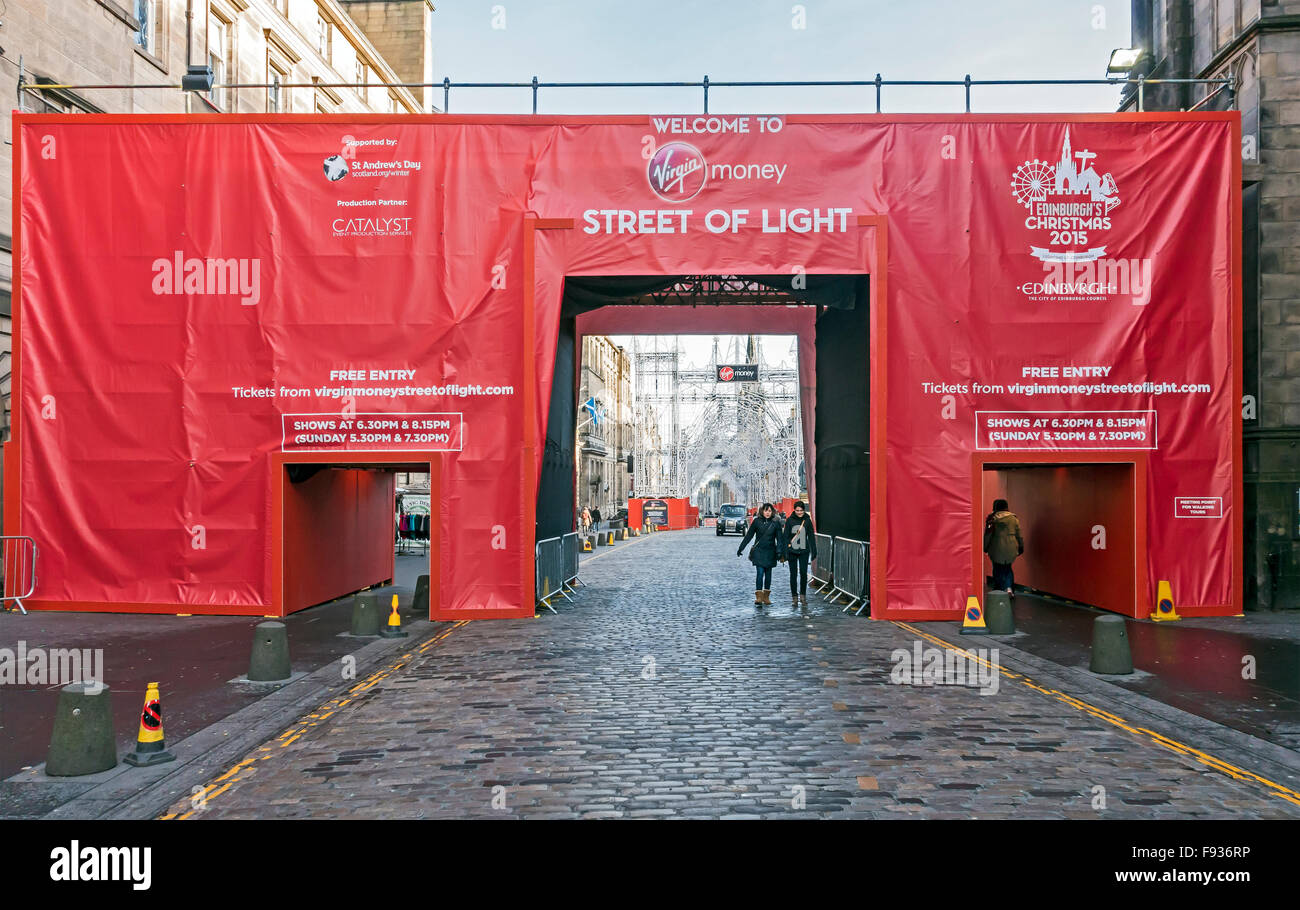 West entrance to Virgin Money Street of Light in the High Street The Royal Mile Edinburgh Scotland Xmas 2015 Stock Photo