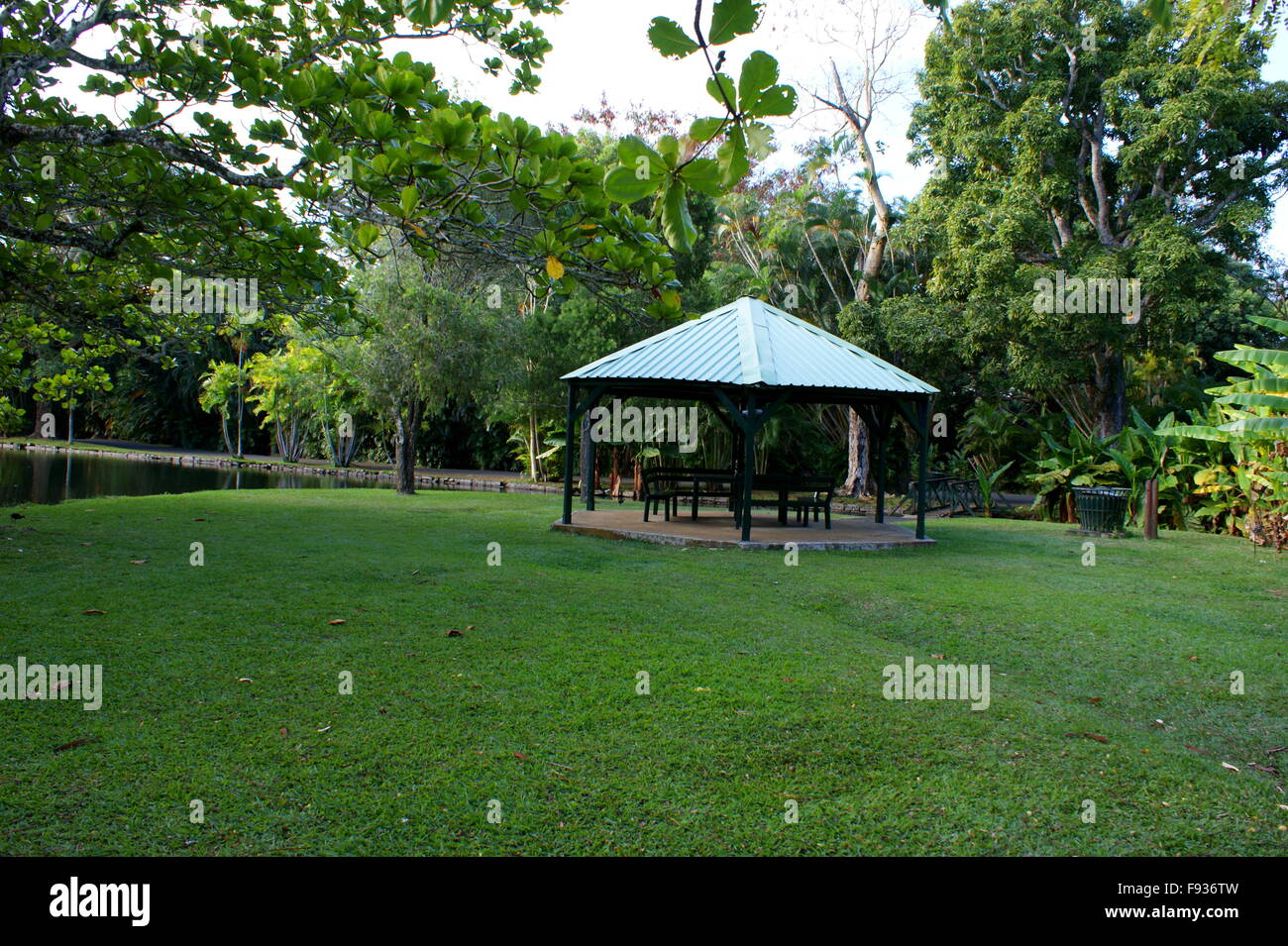 Gazebo in the park. Mauritius. Pamplemousses Botanical Garden. Sir Seewoosagur Ramgoolam Botanical Garden. Stock Photo