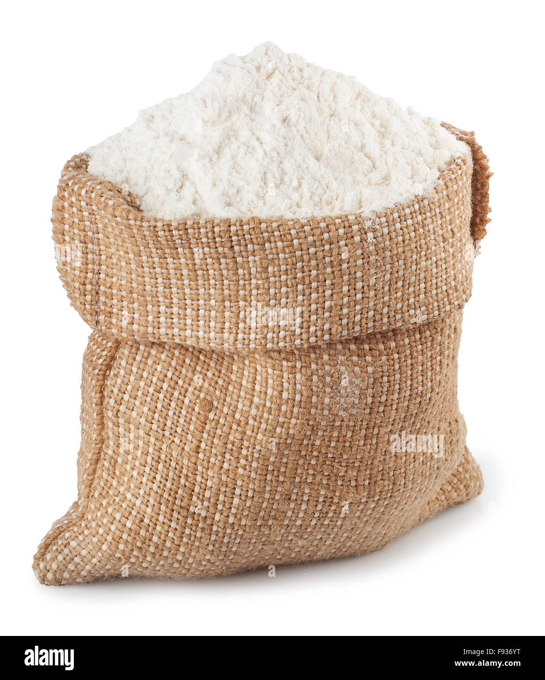 flour in burlap sack isolated on white background Stock Photo