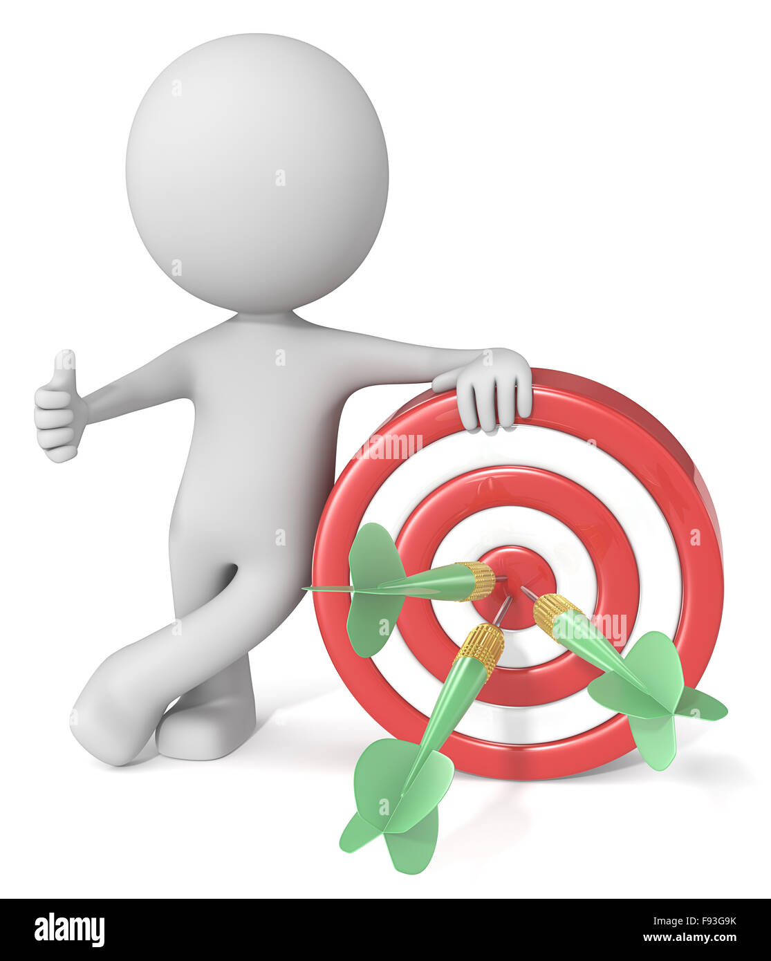 Dude 3D character giving thumbs up holding dartboard. Red and white board with green dart arrows. Stock Photo