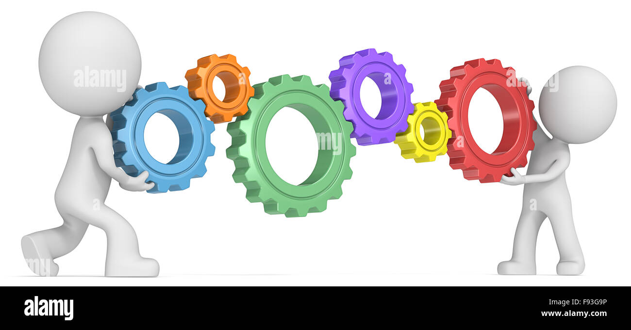 Dude 3D characters X2 holding 6 Colorful Cogwheels Side view. Stock Photo