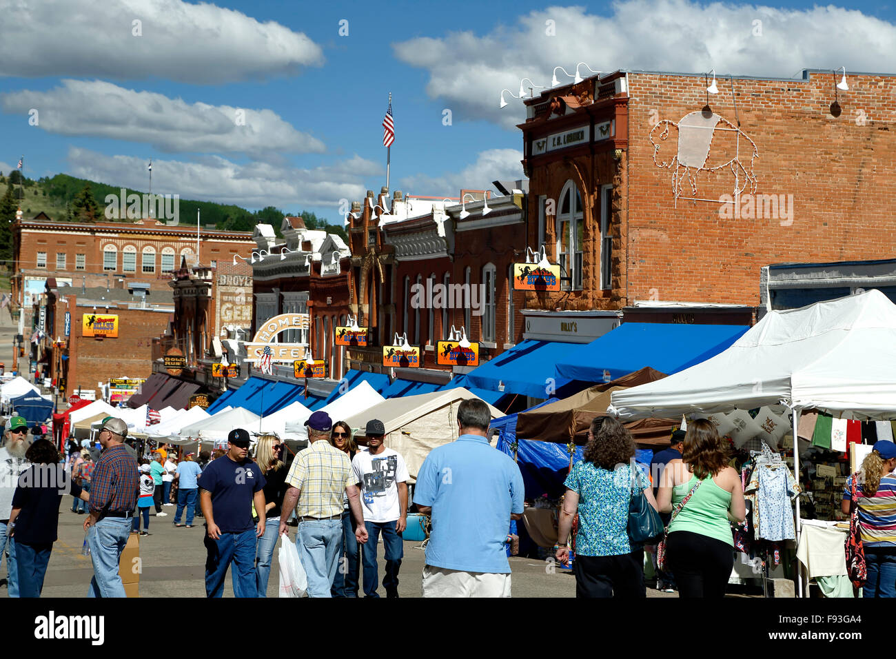 Historic buildings and crowd during Donkey Derby Days, Main Street, Cripple Creek, Colorado USA Stock Photo
