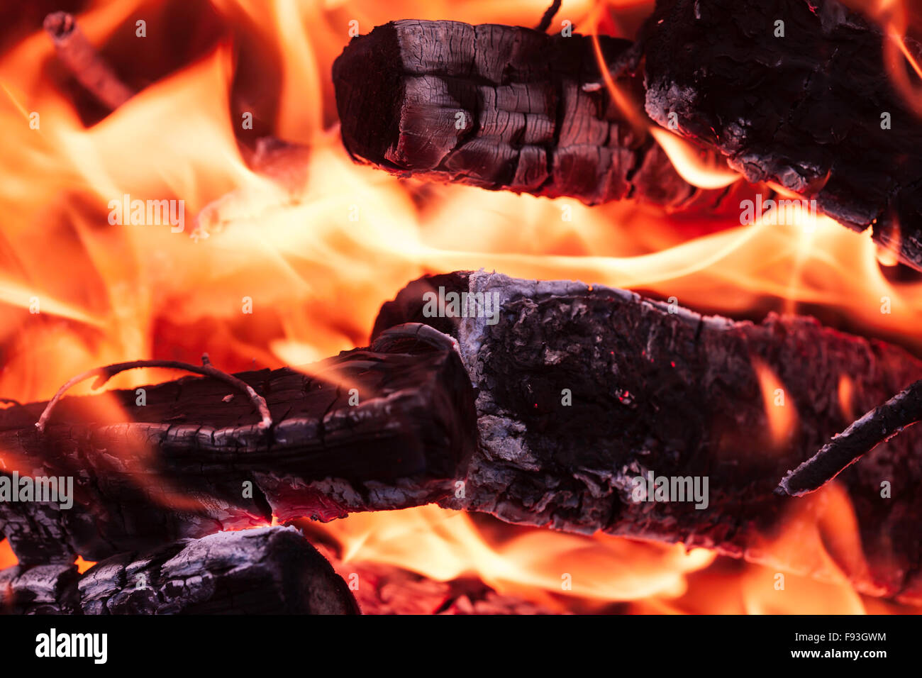 flame coals firewood closeup Stock Photo
