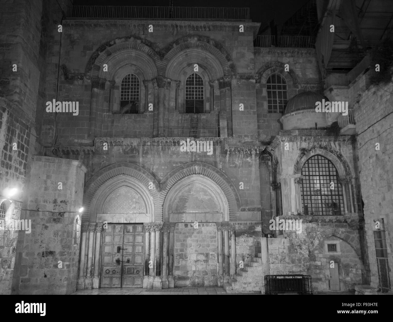 The Church of the Holy Sepulcher at night in black and white Stock Photo