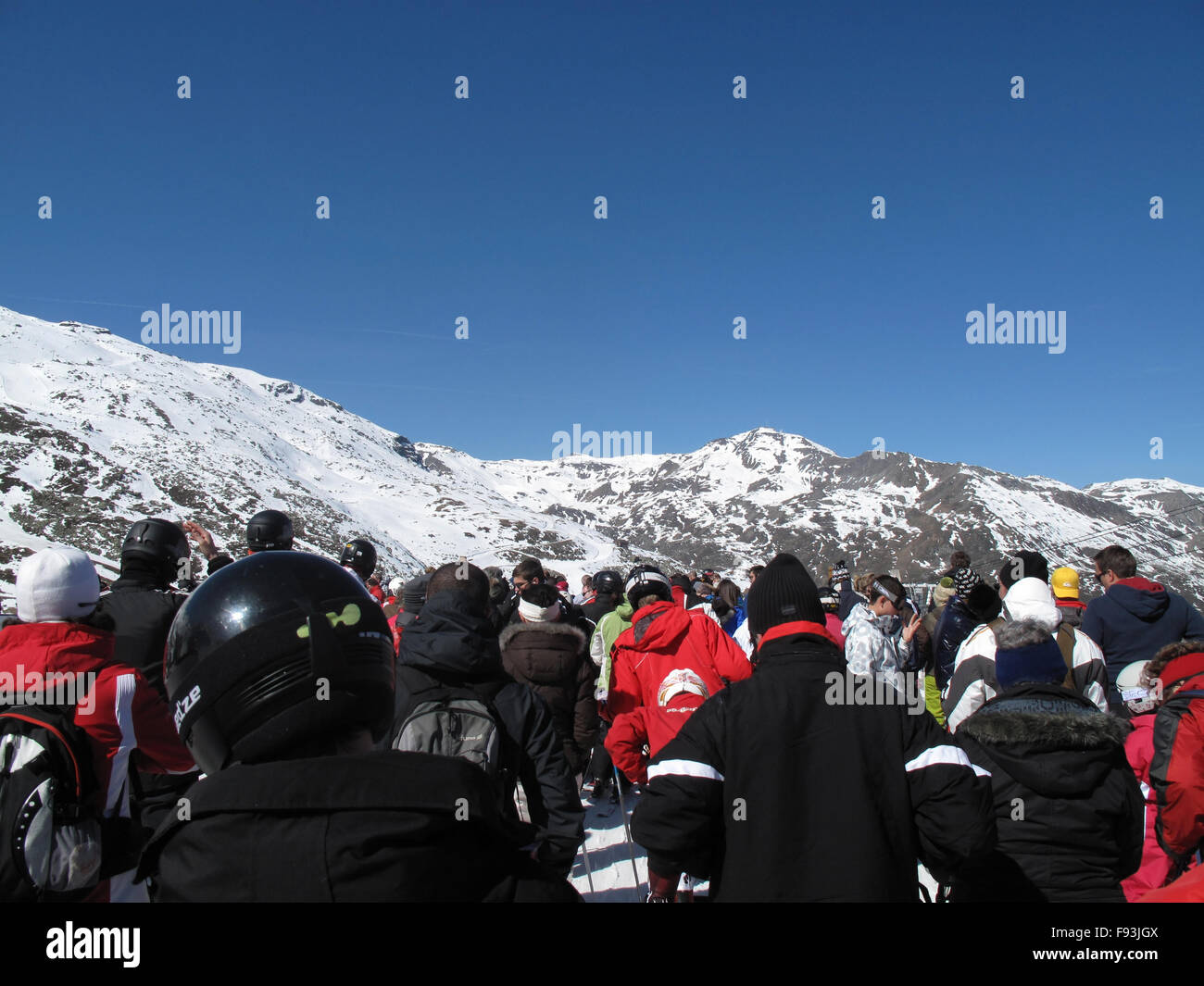 Crowds Of Skiers Queue For A Chair Lift At The Ski Resort Of Val D Isere Savoie France Stock Photo Alamy