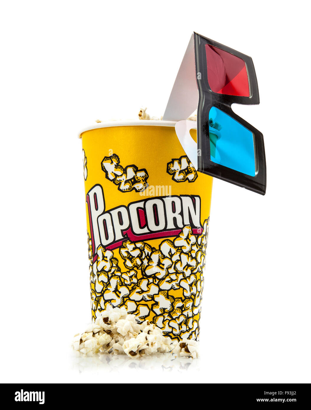 Bucket of popcorn and 3D glasses isolated on white Stock Photo