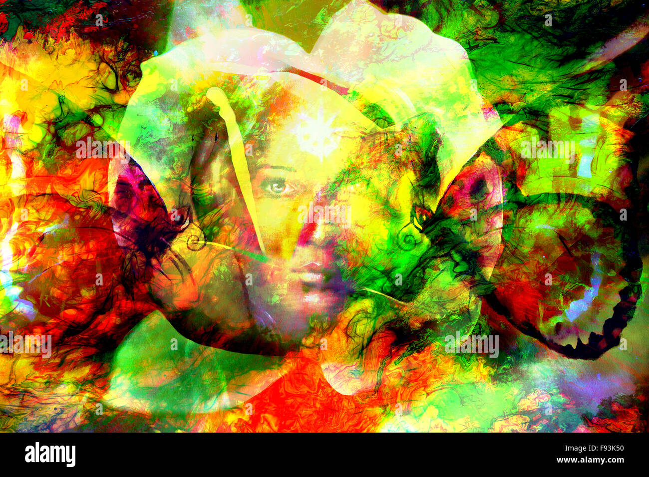 mystic face women with butterflies, color background collage. eye