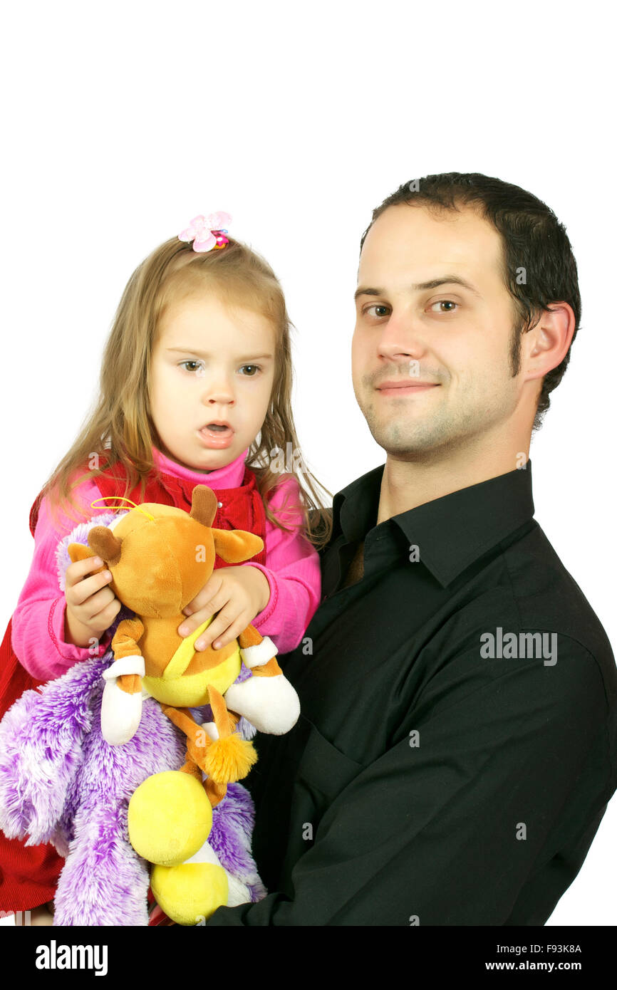 Portrait of happy father and his adorable little daughter on the white ...