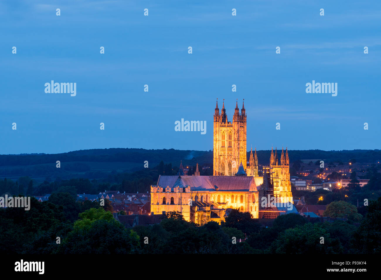 A view of Canterbury Cathedral from Chaucer road, illuminated at dusk. Stock Photo