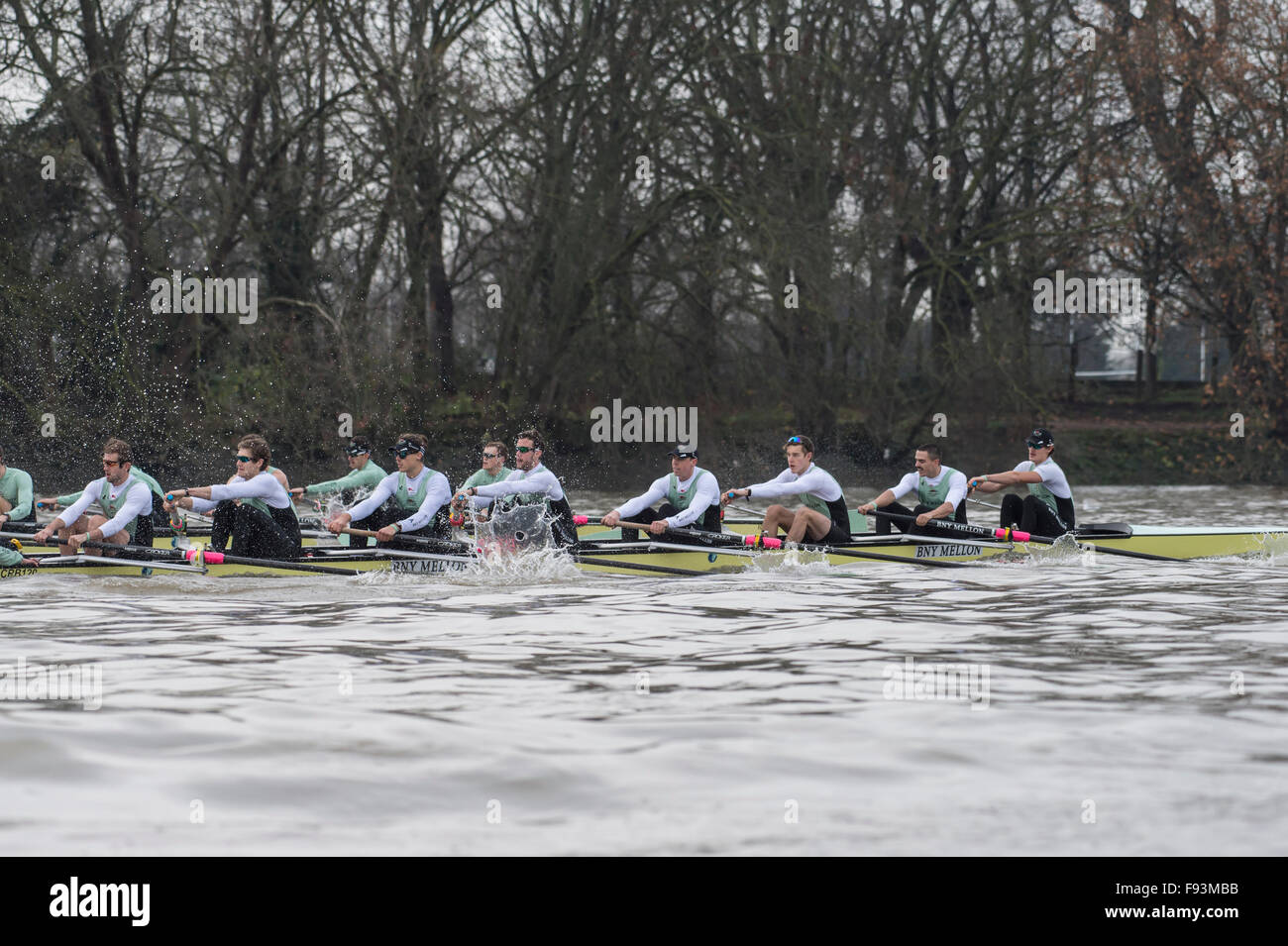 River Thames, UK. 13th December, 2015. Boat Race Trial VIIIs.  Cambridge  University Boat Club. Trial VIIIs serve as an important learning experience and selection test for the sixteen rowers and two coxes chosen. It is the only occasion during the season that the squad members race side-by-side for the entire four and a quarter miles of the Championship Course in a simulation of The BNY Mellon Boat Race. The two Cambridge crews taking to the water have been named ‘”Fuerte” and “Listo”. Credit:  Duncan Grove/Alamy Live News Stock Photo