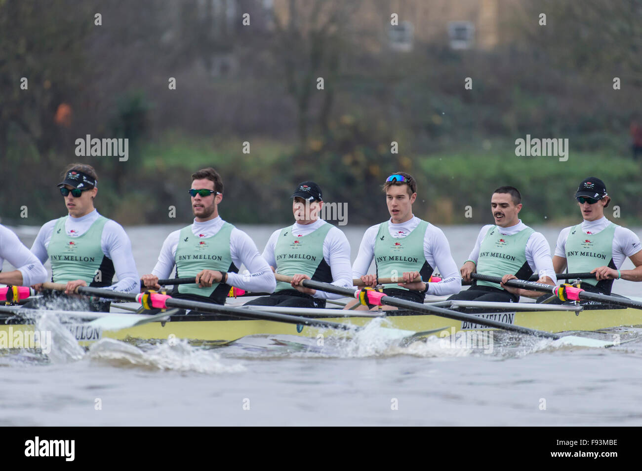 River Thames, UK. 13th December, 2015. Boat Race Trial VIIIs.  Cambridge  University Boat Club. Trial VIIIs serve as an important learning experience and selection test for the sixteen rowers and two coxes chosen. It is the only occasion during the season that the squad members race side-by-side for the entire four and a quarter miles of the Championship Course in a simulation of The BNY Mellon Boat Race. The two Cambridge crews taking to the water have been named ‘”Fuerte” and “Listo”. Credit:  Duncan Grove/Alamy Live News Stock Photo