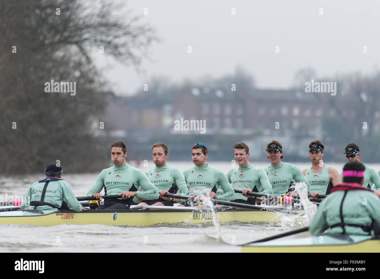 River Thames, UK. 13th December, 2015. Boat Race Trial VIIIs.  Cambridge  University Boat Club. Trial VIIIs serve as an important learning experience and selection test for the sixteen rowers and two coxes chosen. It is the only occasion during the season that the squad members race side-by-side for the entire four and a quarter miles of the Championship Course in a simulation of The BNY Mellon Boat Race. The two Cambridge crews taking to the water have been named ‘”Fuerte” and “Listo”. Credit:  Duncan Grove/Alamy Live News Stock Photo