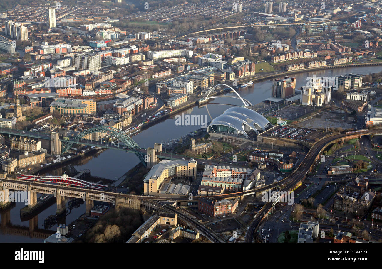aerial view of the five Tyne bridges across the River Tyne and the Sage in Newcastle, UK Stock Photo