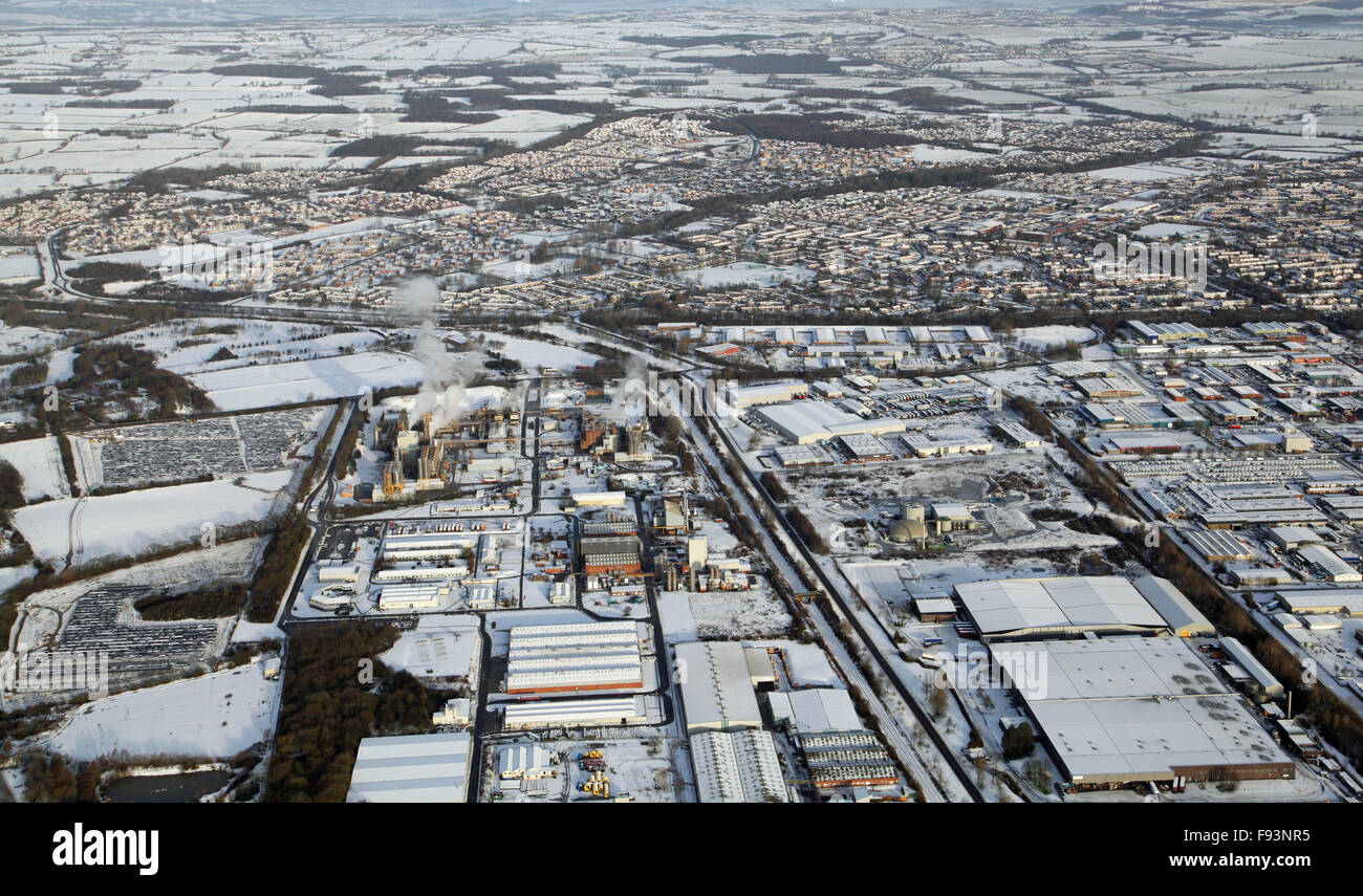 aerial view of a snowy English scene, town and countryside, UK Stock Photo