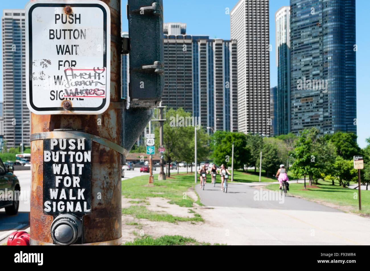 A Push Button Wait For Walk Signal sign. Stock Photo
