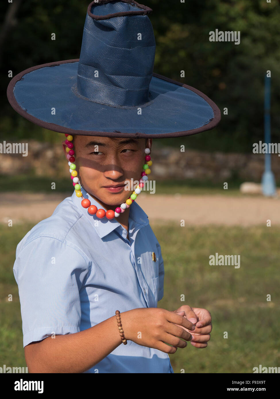 Tourist with traditional Korean hat, North Korea, Asia Stock Photo