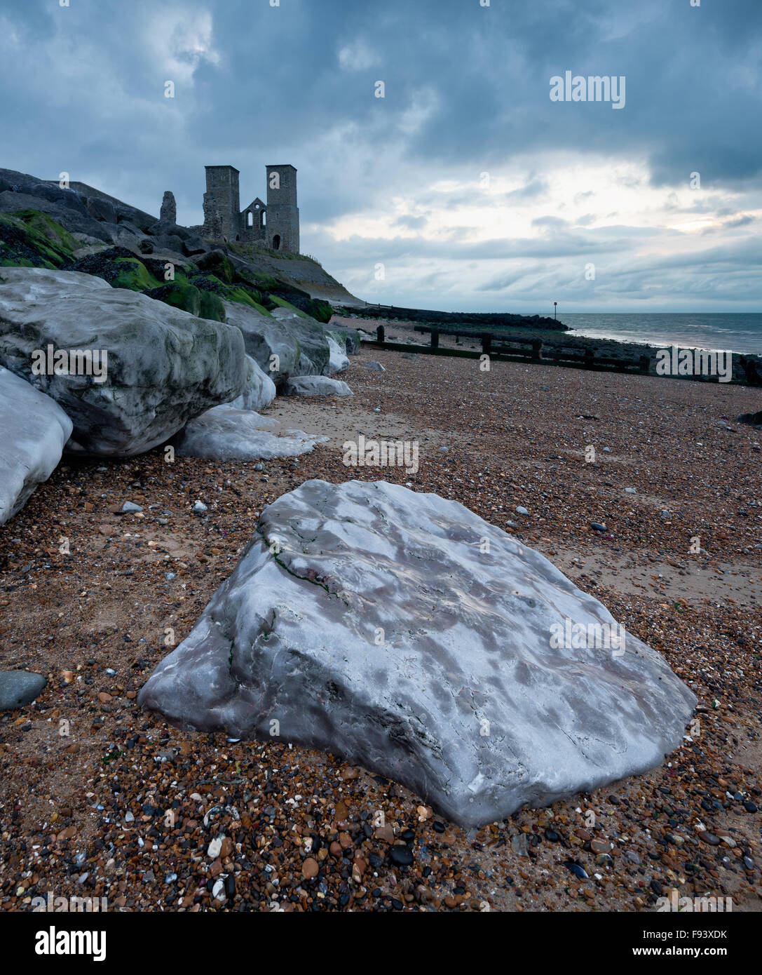 A dramatic view of the twin towers of St. Mary's Church at Reculver on the North Kent coast. Stock Photo
