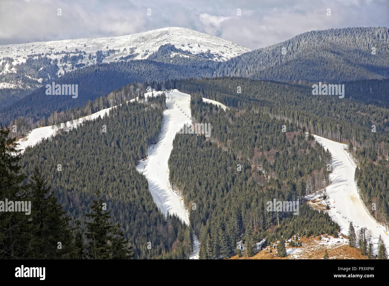 Ski tracks of famous Bukovel ski resort, Carpathian mountains, Ukraine Stock Photo