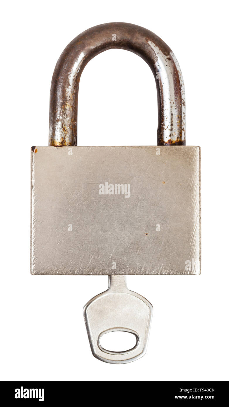 front view closed steel old padlock with key isolated on white ...