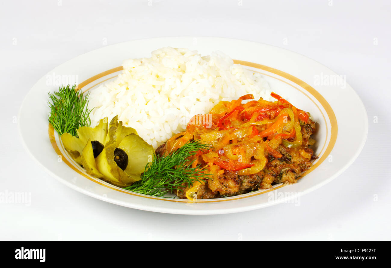 White Rice Meat Fired meat, white rice and vegetables on the white Stock Photo - Alamy