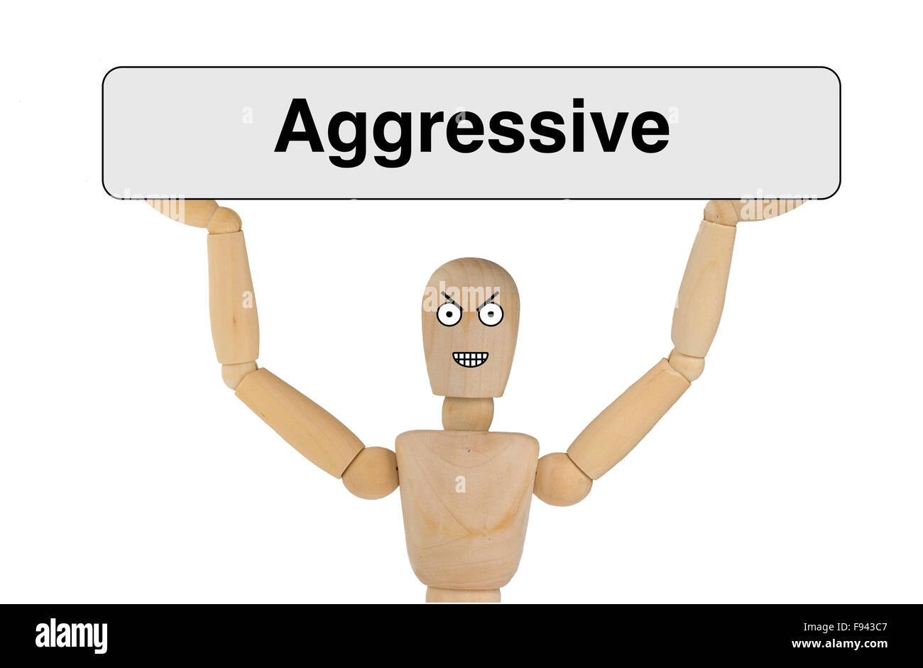 Puppet with aggressive face holding a sign to explain the expression Stock Photo