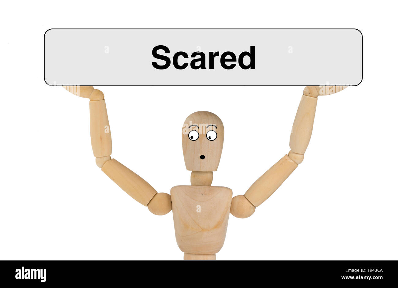 Puppet with scared face holding a sign to explain the expression Stock Photo