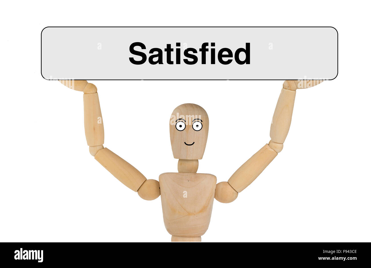 Puppet with satisfied face holding a sign to explain the expression Stock Photo
