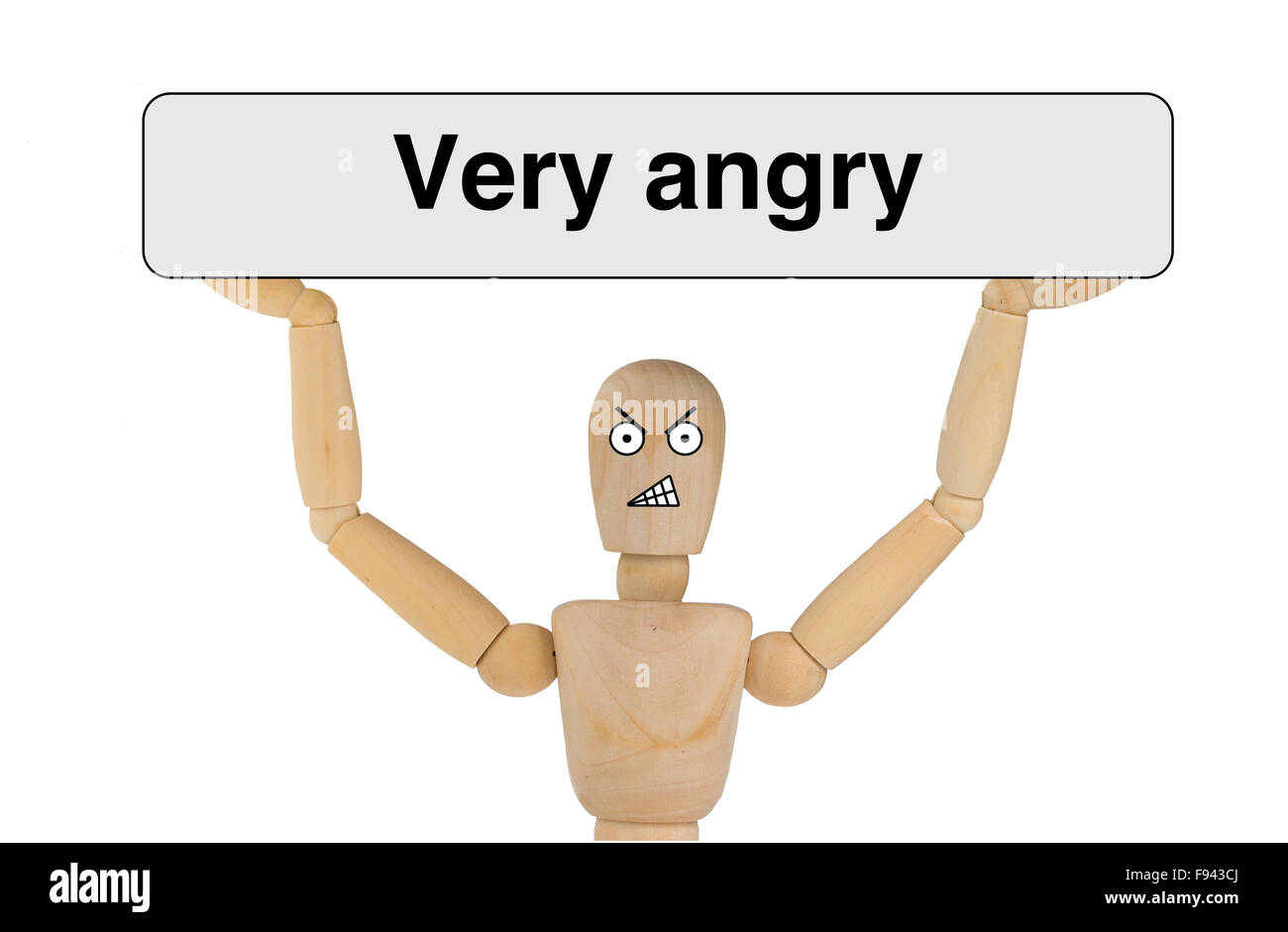 Puppet with very angry face holding a sign to explain the expression Stock Photo