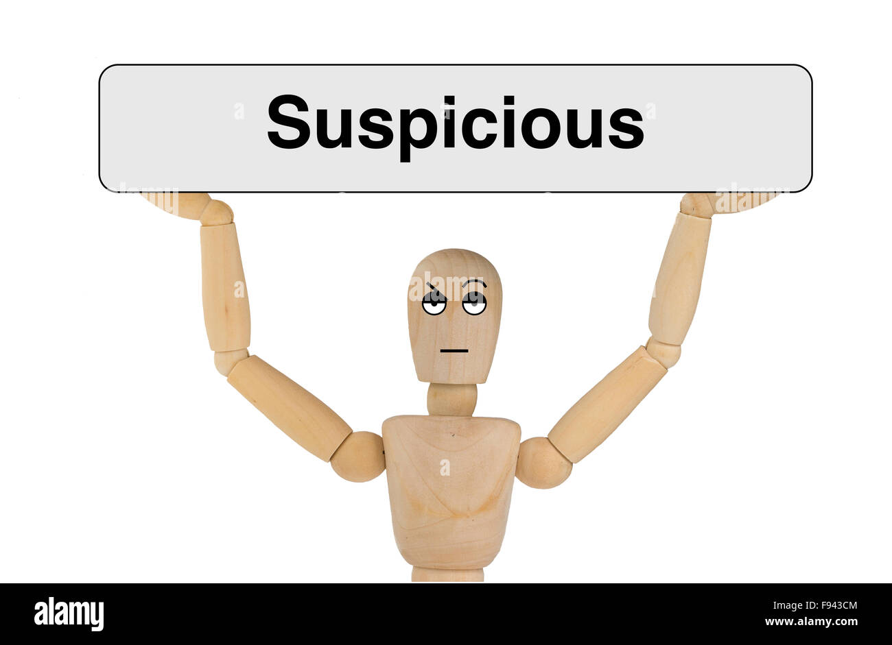 Puppet with suspicious face holding a sign to explain the expression Stock Photo