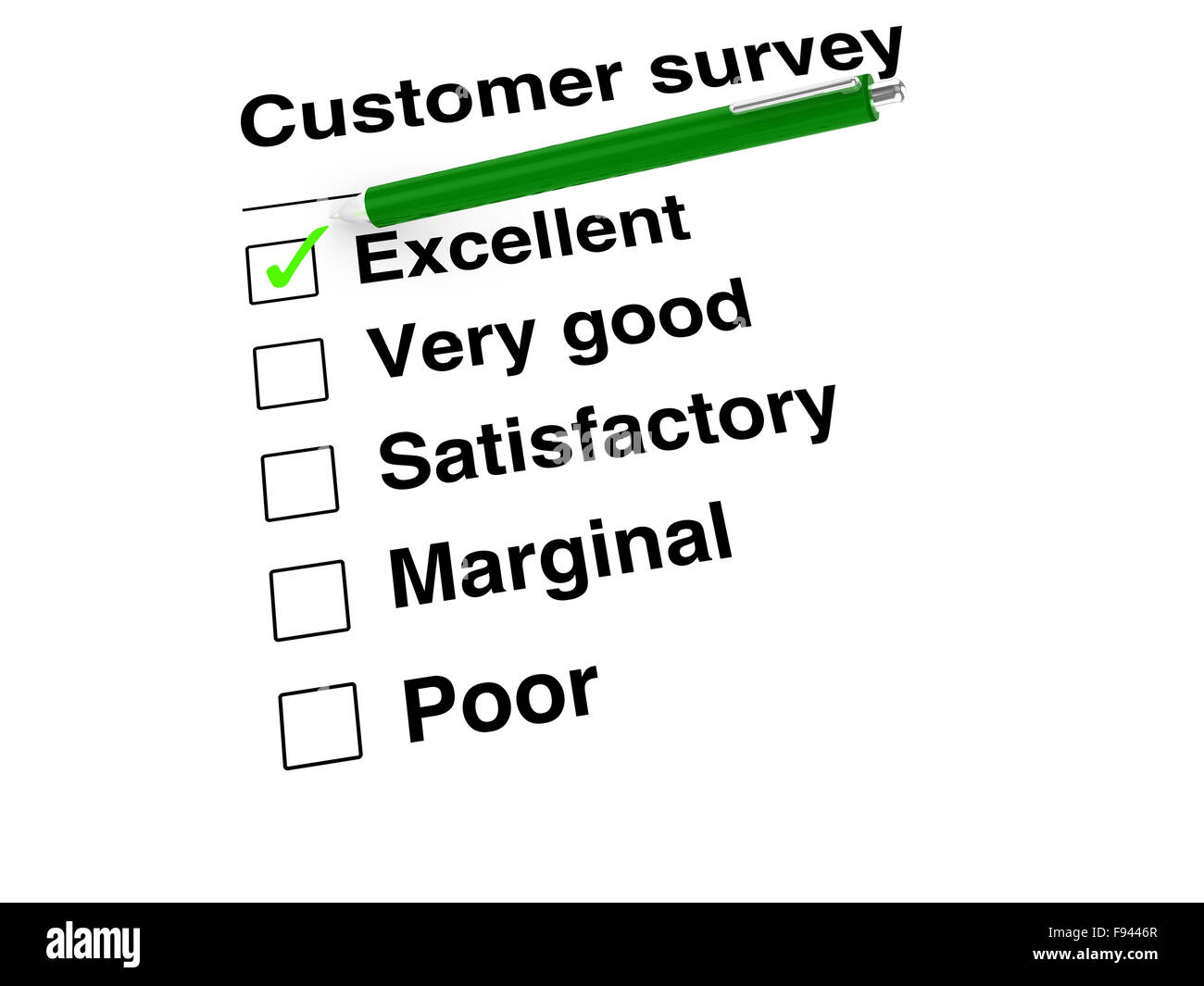 Green ball pen setting a green tick mark at excellent on customer satisfaction checklist illustration Stock Photo