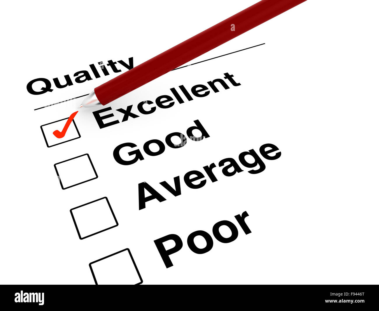 Red ball pen setting a red tick mark at excellent on quality checklist illustration Stock Photo