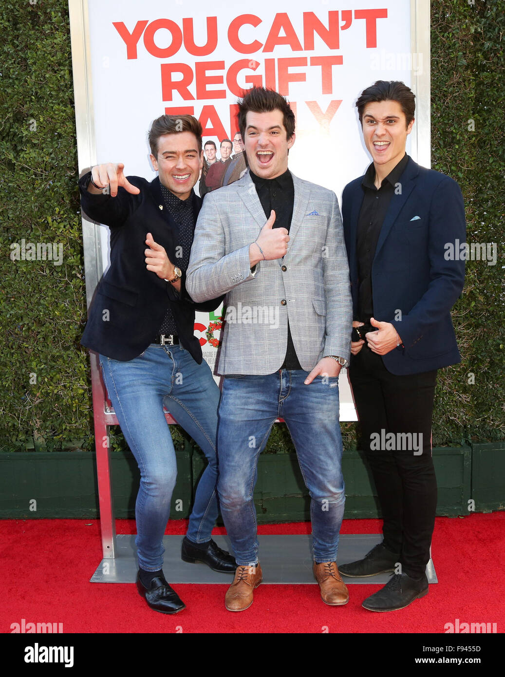 Celebrities attend the premiere of CBS Films 'Love The Coopers' at the Park Plaza at The Grove.  Featuring: Kristofer James, Kyle Carpenter and Aleskey Lopez, The Scheme Where: Los Angeles, California, United States When: 12 Nov 2015 Stock Photo
