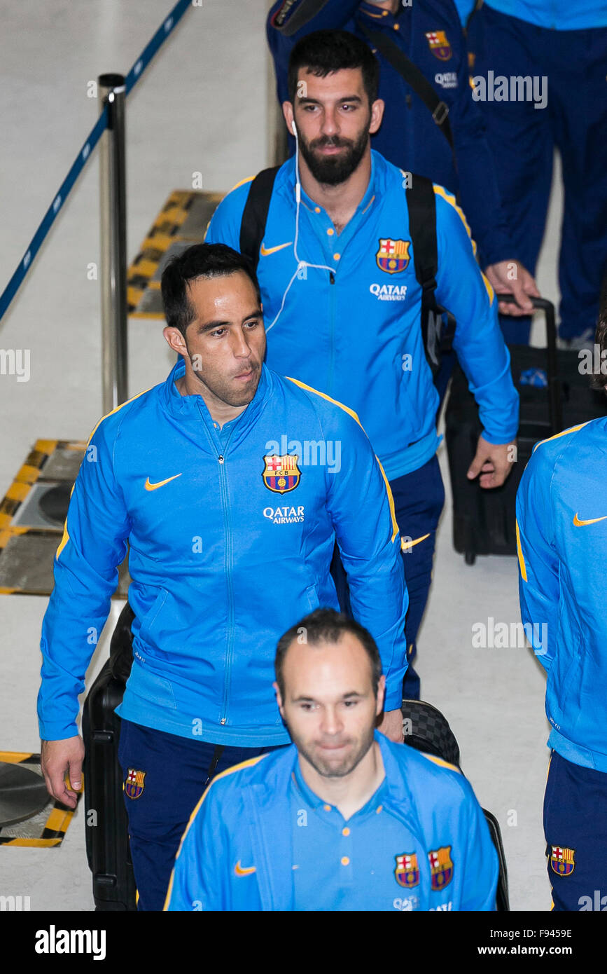 Narita, Japan. 14th December, 2015. (Top to bottom) Arda Turan, Claudio Bravo and Andres Iniesta Lujan arrives at Narita International Airport with other members of FC Barcelona on December 14, 2015, Narita, Japan. Large crowds gathered in the arrival area of Narita Airport to greet the FC Barcelona football team members who will play in the FIFA Club World Cup Japan 2015. Credit:  Rodrigo Reyes Marin/AFLO/Alamy Live News Stock Photo