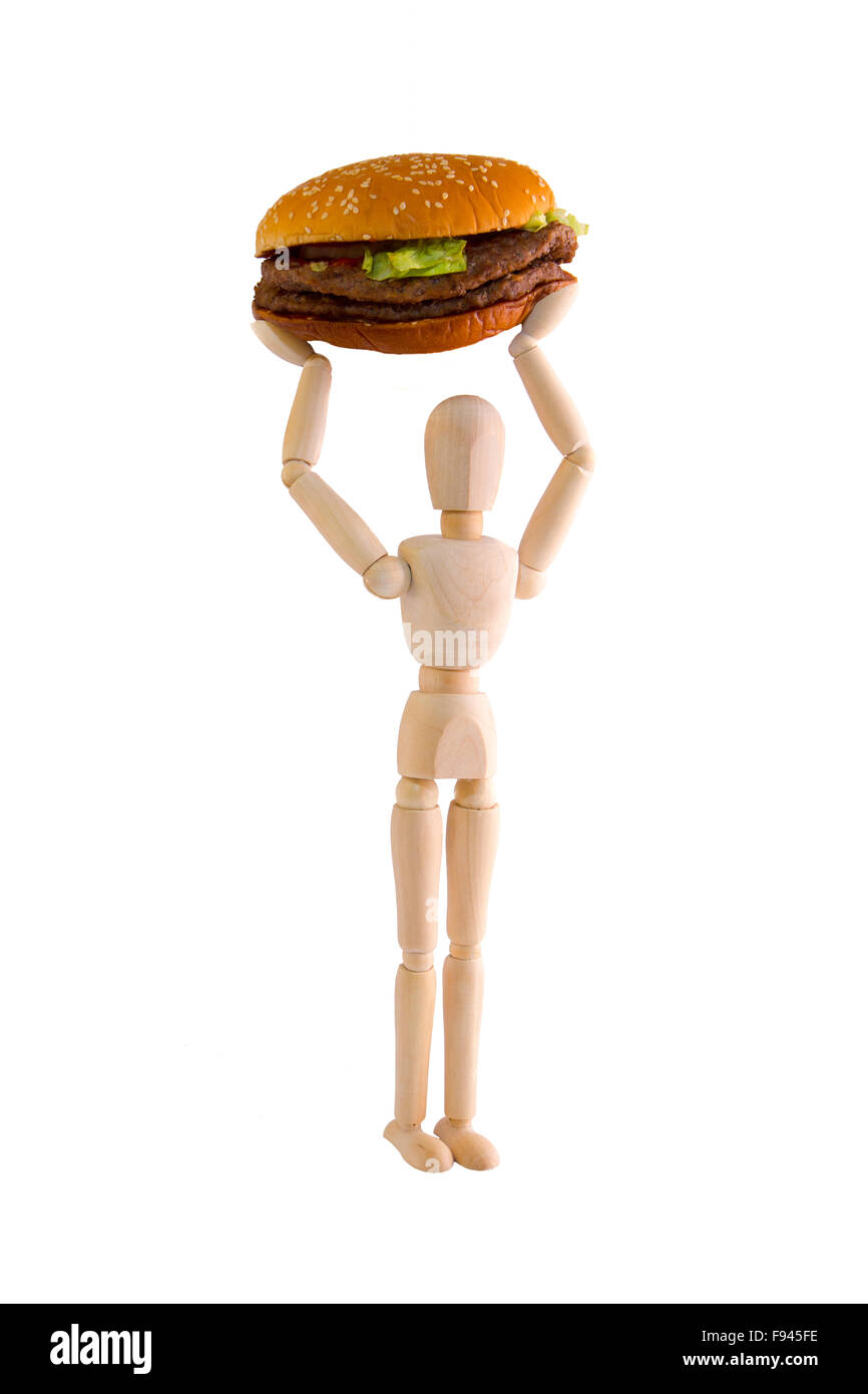 Puppet lifts big burger for exercise on white background Stock Photo ...