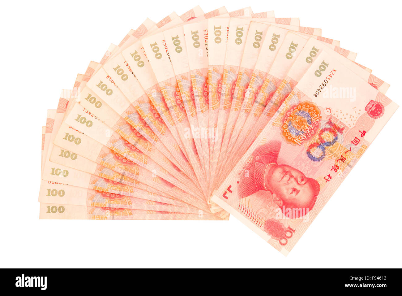 Chinese pile of money with 100 RMB bills Stock Photo