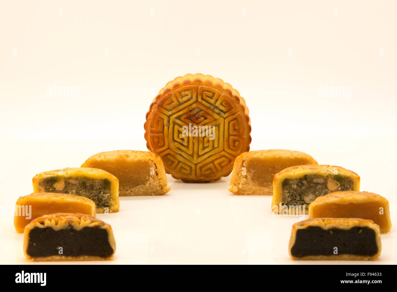 Chinese mooncakes cut open arranged on a white plate Stock Photo - Alamy