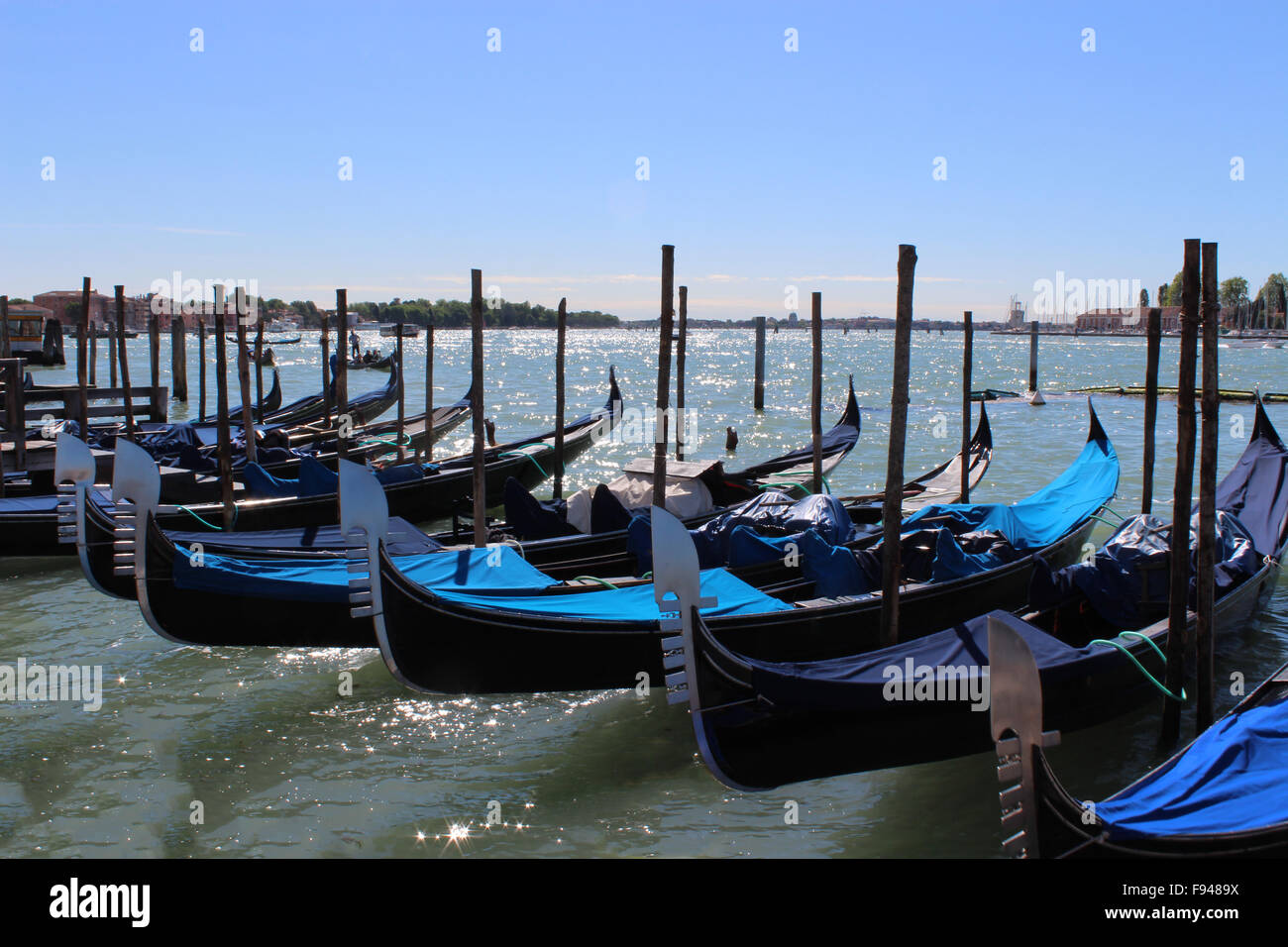 Lined up gondolas in venice with blue sky Stock Photo - Alamy