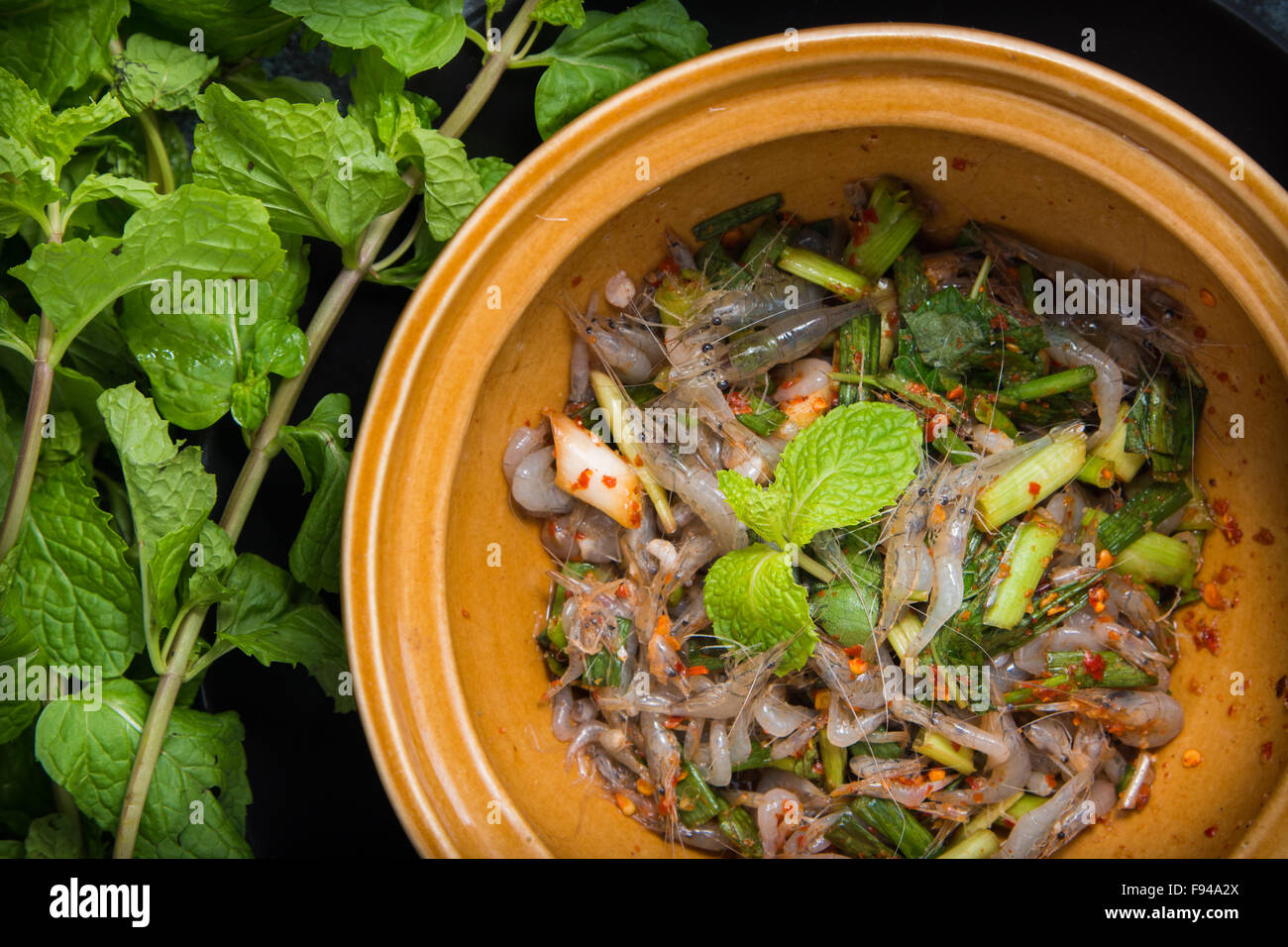 Dancing Shrimp Salad (shrimps alive in spicy sauce) 'Kungten' food of thailand Stock Photo